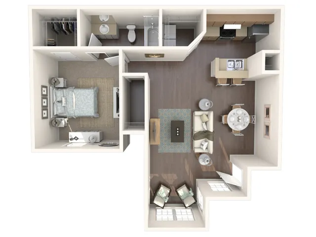 Modern apartment floor plan featuring a spacious one-bedroom layout with living room, dining area, and kitchen.