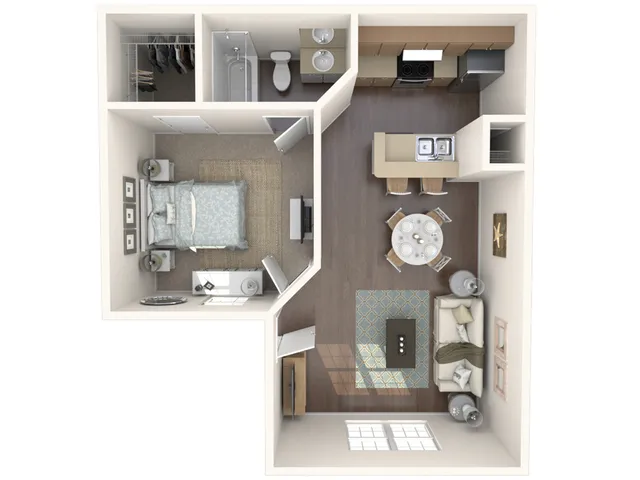 Modern one-bedroom apartment floor plan with open living and kitchen area.