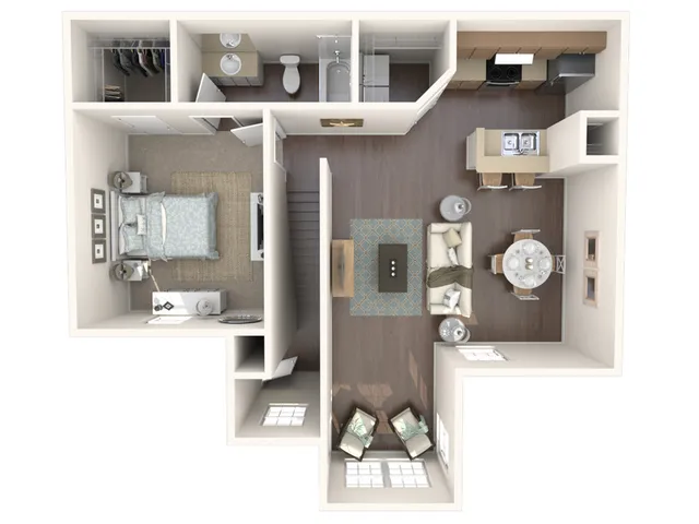 Open-concept apartment floor plan featuring one bedroom, a spacious living area, and a modern kitchen