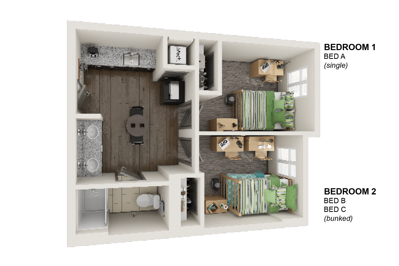 Diagram for Three-Person Modified Two-Bedroom Suite