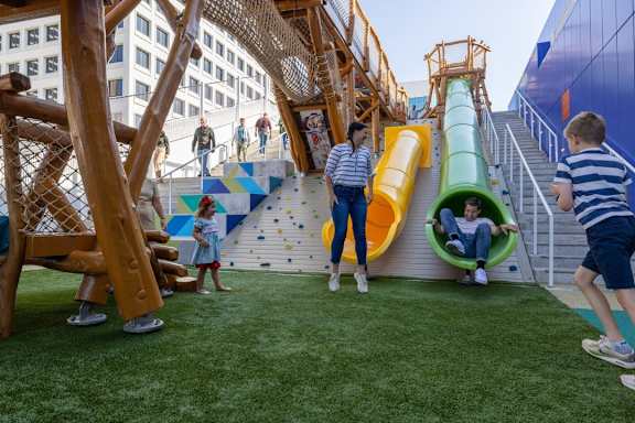 Kaleideum Rooftop Adventure playground in downtown Winston-Salem NC near Sugar Creek Apartments with family-friendly outdoor recreation and city views.