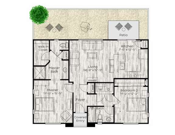 The Retreat 2 bed 2 bath floor plan at Avilla Vista Ranch Apartments, Texas 78628