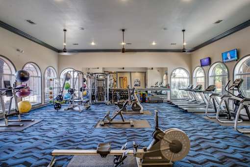 A gym with a variety of exercise equipment and a blue patterned carpet.