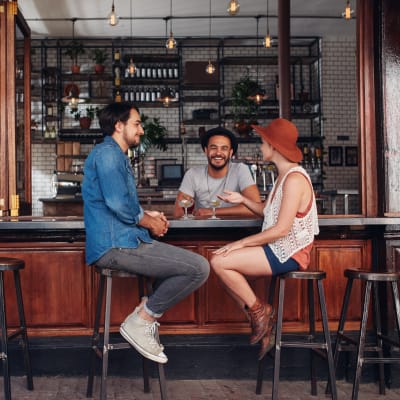 Residents chatting with the bartender at their favorite watering hole near Sofi Warner Center in Woodland Hills, California