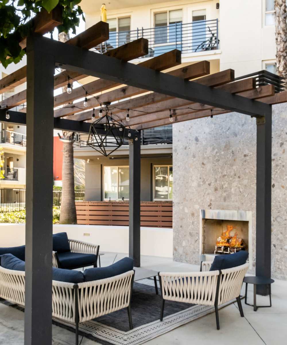 Outdoor lounge area at Sofi Warner Center in Woodland Hills, California