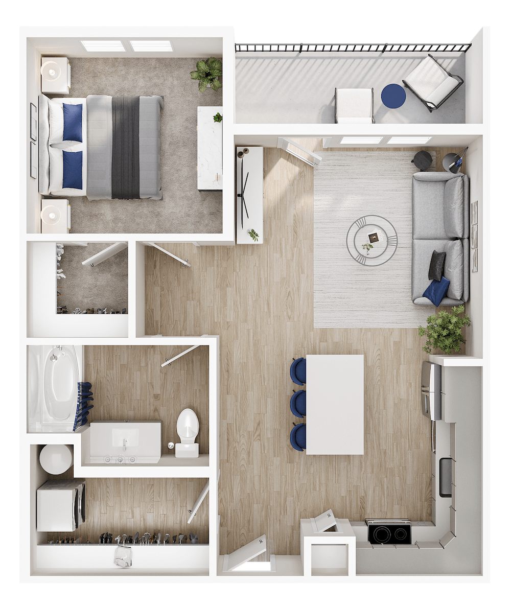 A top-down view of a small apartment with a bedroom, living room, and kitchen.