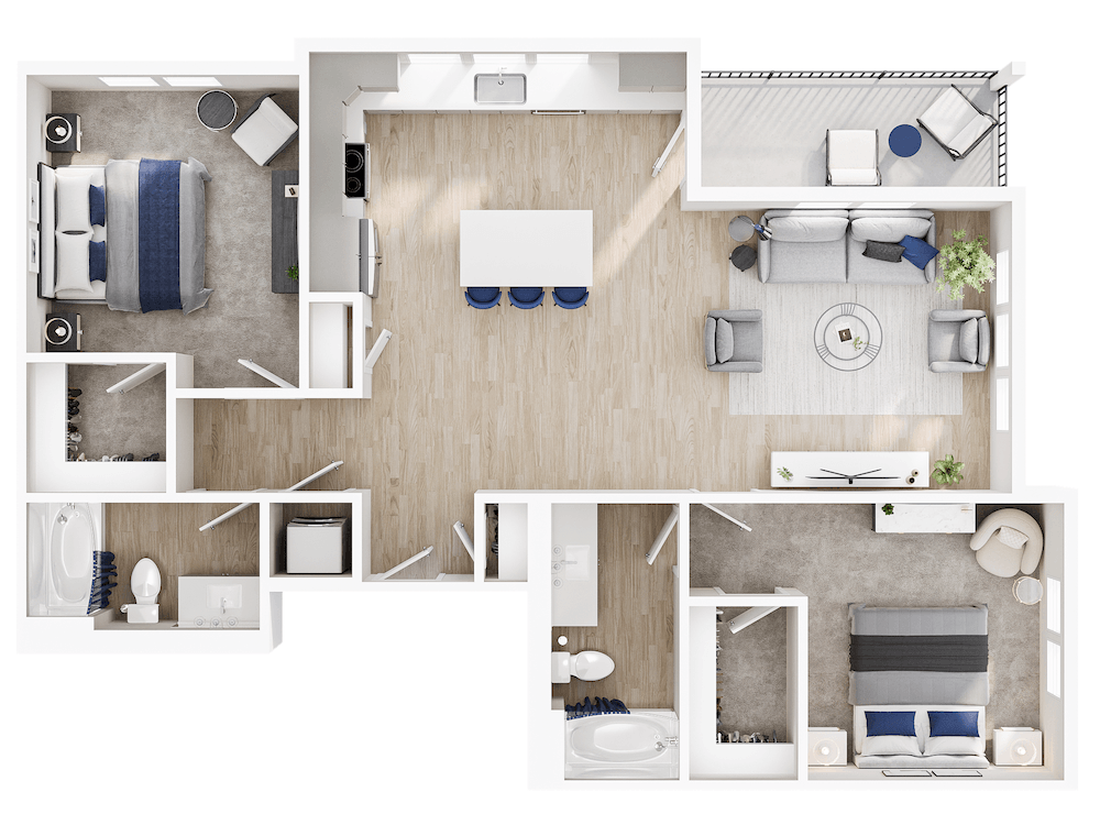 A top-down view of a modern, minimalist bedroom and bathroom.