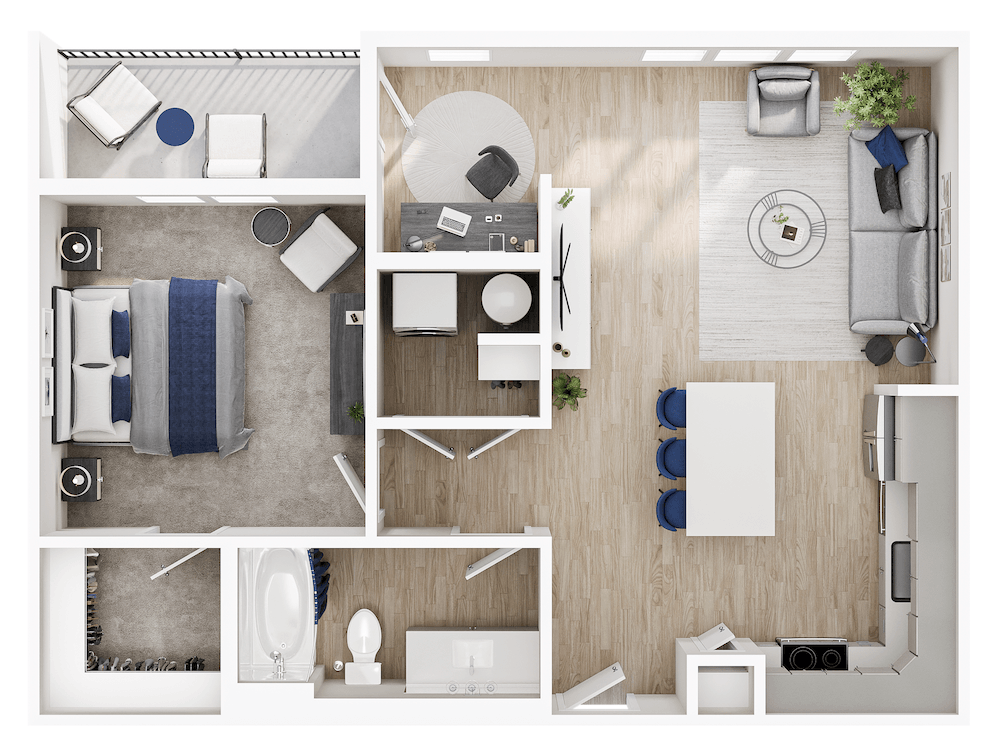 A top-down view of a modern, minimalist bedroom and bathroom layout.