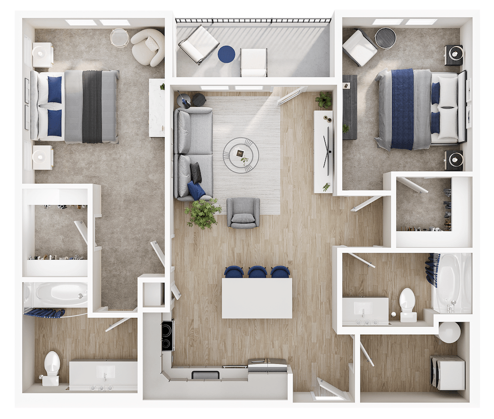 A top-down view of a modern, minimalist apartment layout.
