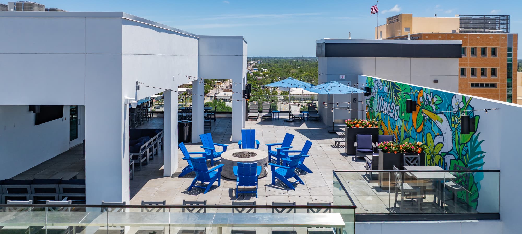 Aerial view of the roof top fire pit lounge at Nine20 Manatee in Bradenton, Florida