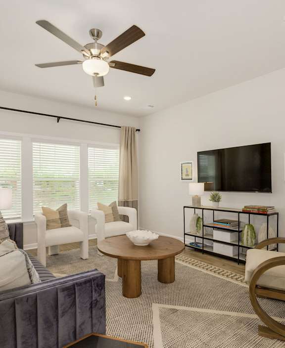 A living room with a grey couch, a wooden coffee table, a television, and a ceiling fan.