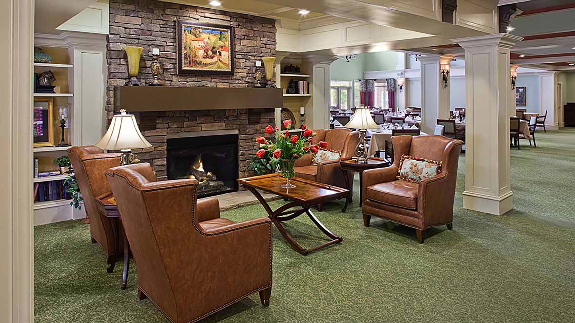 Lobby living room with fireside seating
