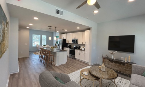 living room and kitchen with ceiling fan