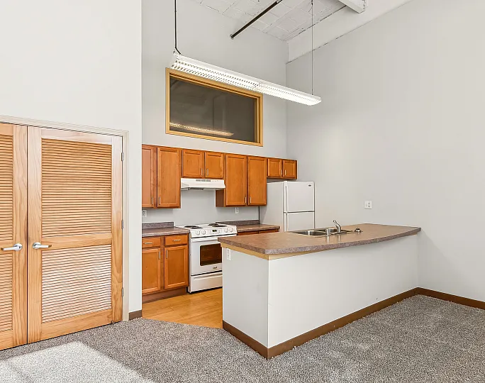 Bright and inviting open kitchen with sleek wood cabinets, modern appliances, and cozy carpet flooring.