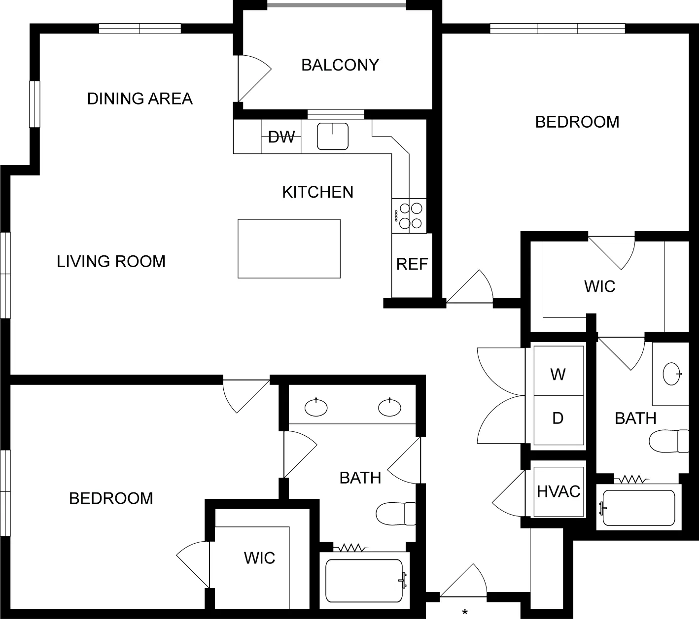 Detailed floor plan of a 3-bedroom apartment featuring an open living and dining area, modern kitchen, and private balcony.