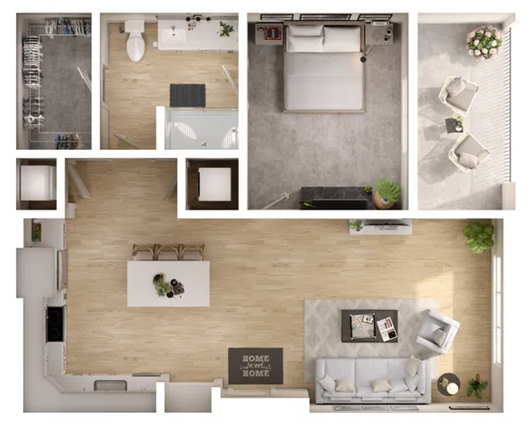 Modern floor plan showcasing a spacious living area, a dining room, a cozy bedroom, and a large balcony.