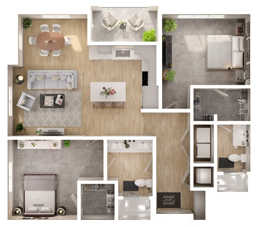Elegant floor plan highlighting 2 spacious bedrooms, an open-plan kitchen, and a comfortable living area.