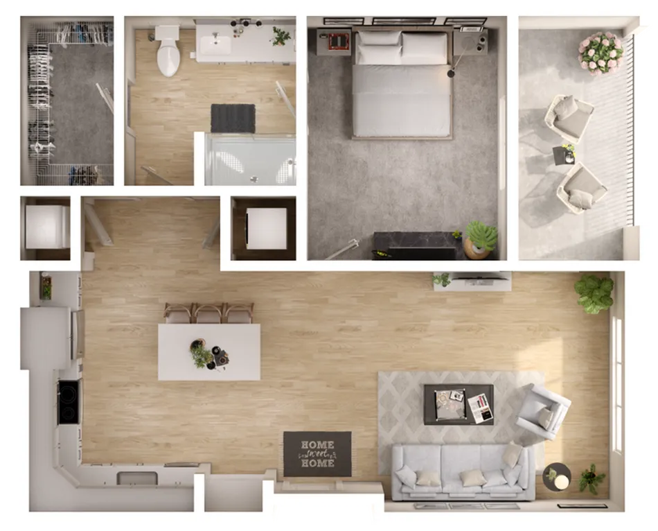 Modern floor plan showcasing a spacious living area, a dining room, a cozy bedroom, and a large balcony.