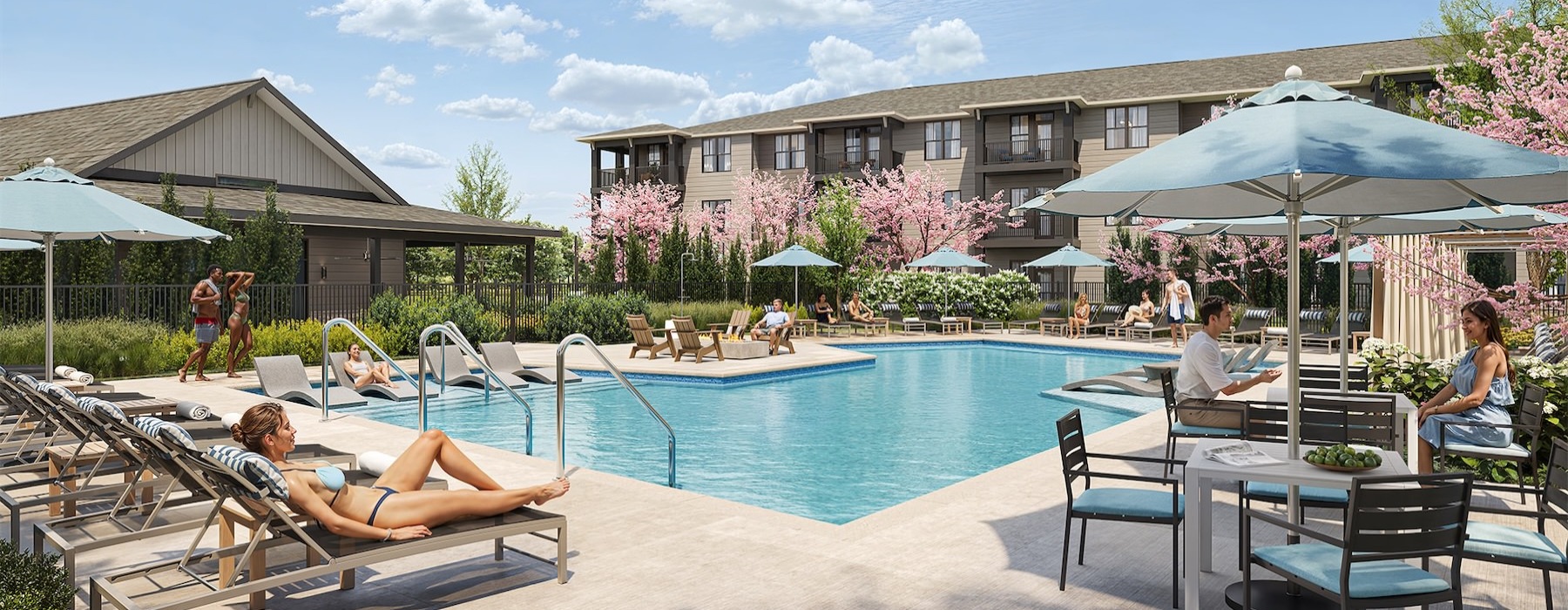 a pool with people sitting around it