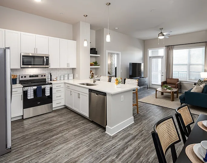 Modern open-concept kitchen and living room with sleek appliances, elegant cabinetry, and stylish decor, perfect for entertaining.