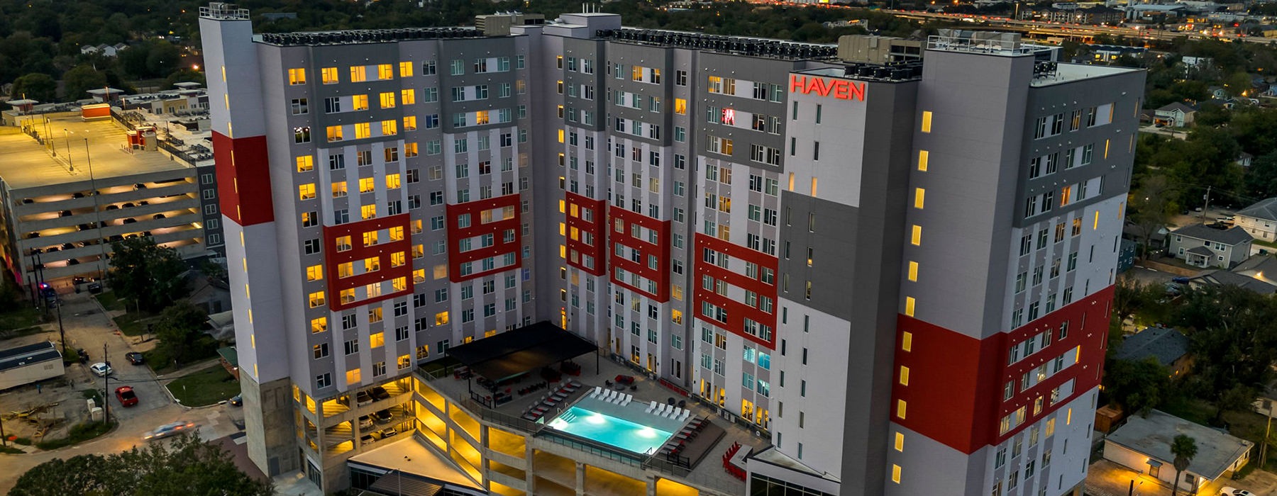 Exterior view of Haven at Elgin apartments near UHCL in Houston, Texas.