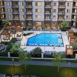 a courtyard with a swimming pool