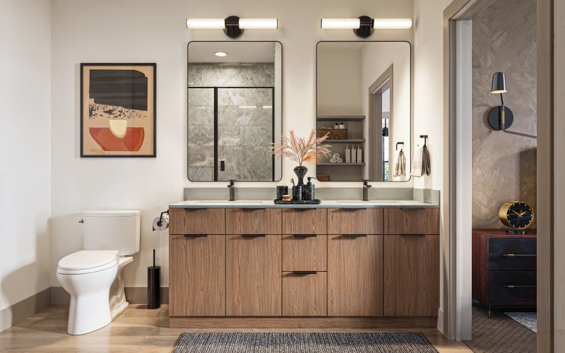 A bathroom with dual vanity