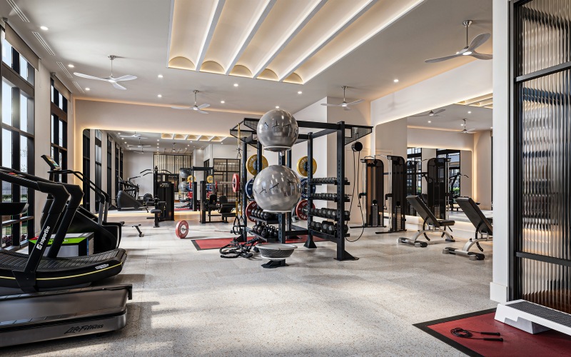 A fitness center with equipment