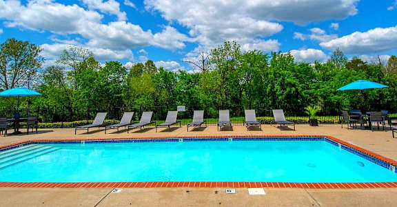 A large swimming pool surrounded by trees and lounge chairs.
