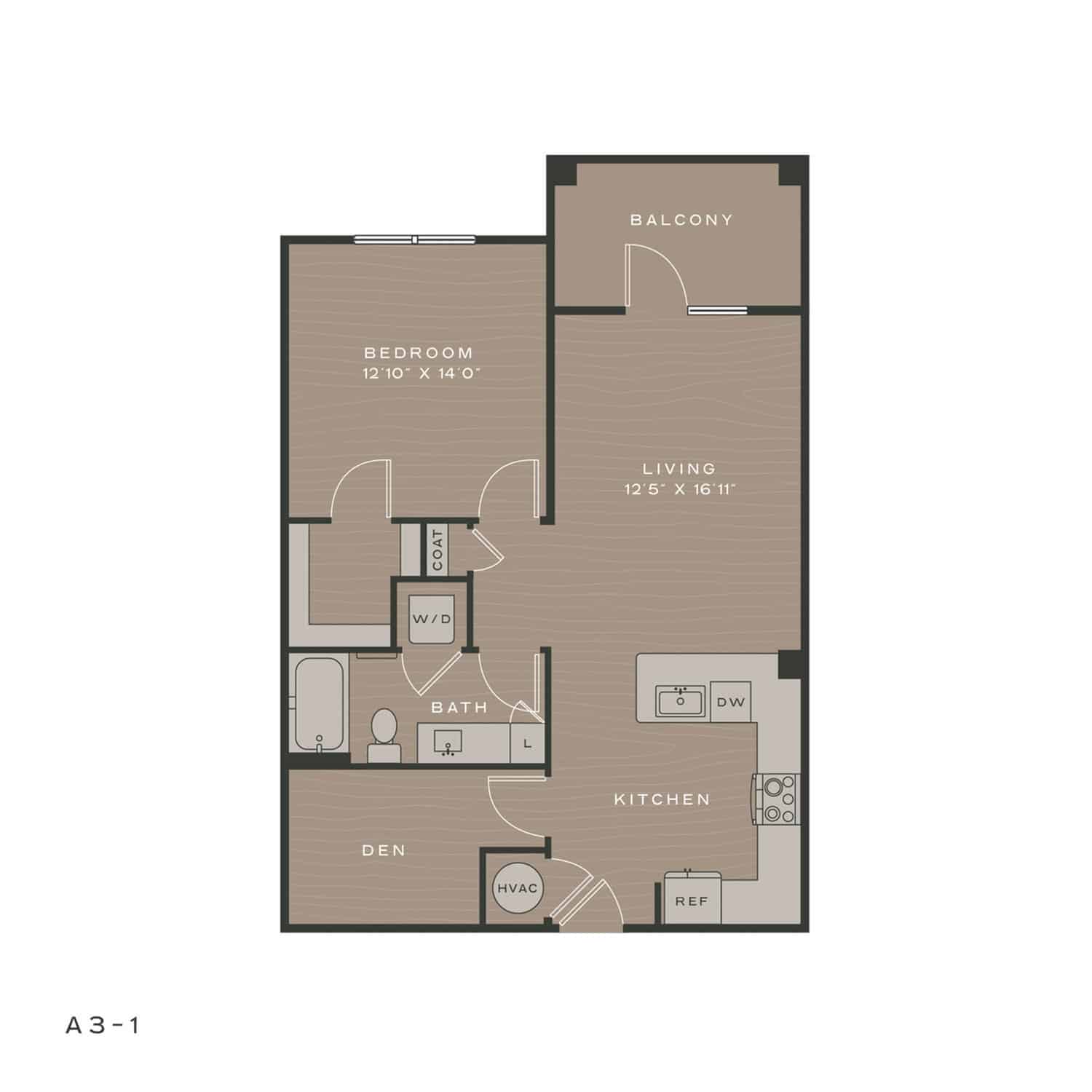 A 3D image of the A3-1 floorplan, a 877 squarefoot, 1 bed / 1 bath unit