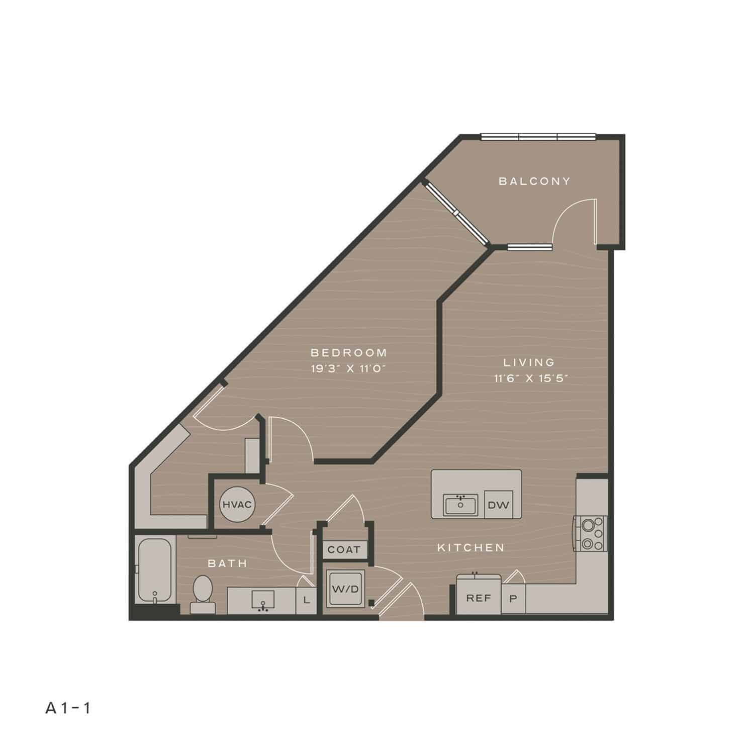 A 3D image of the A1-1 floorplan, a 772 squarefoot, 1 bed / 1 bath unit