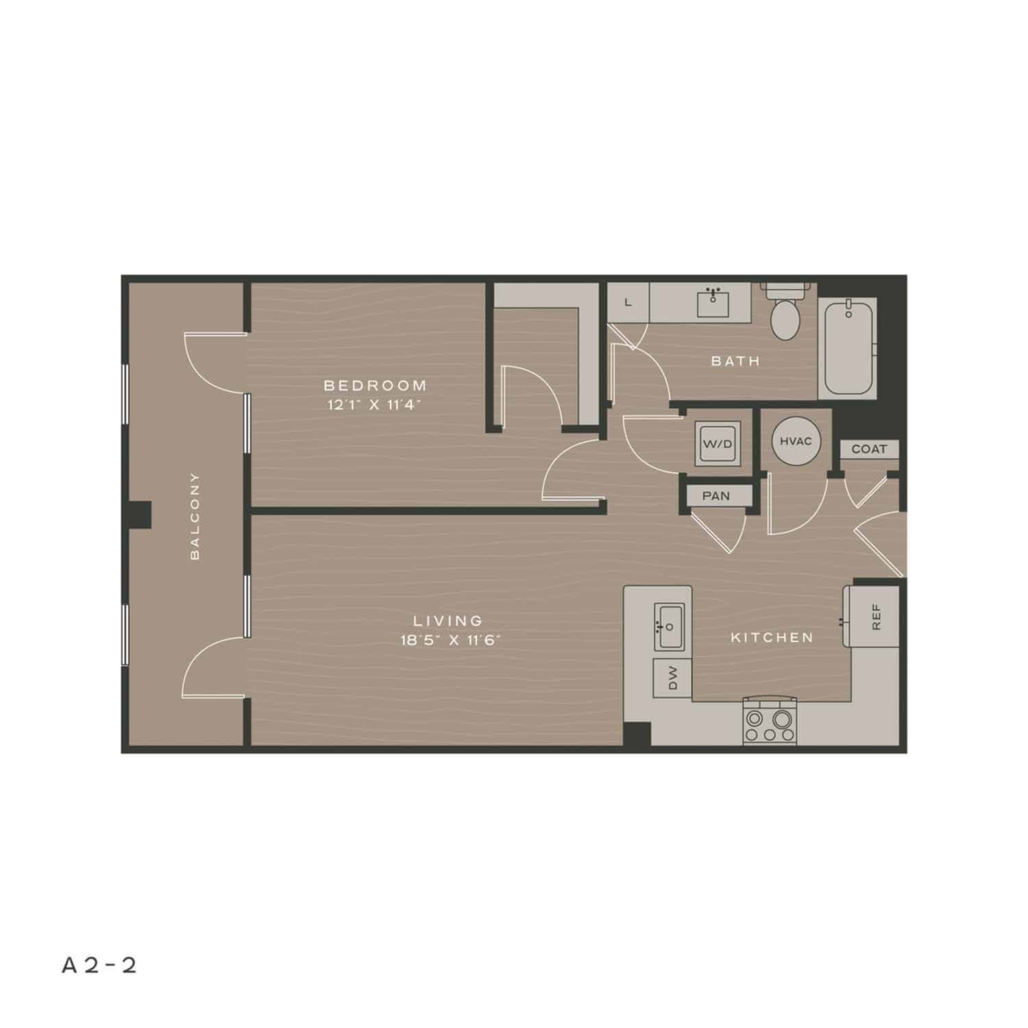 A 3D image of the A2-2 floorplan, a 773 squarefoot, 1 bed / 1 bath unit