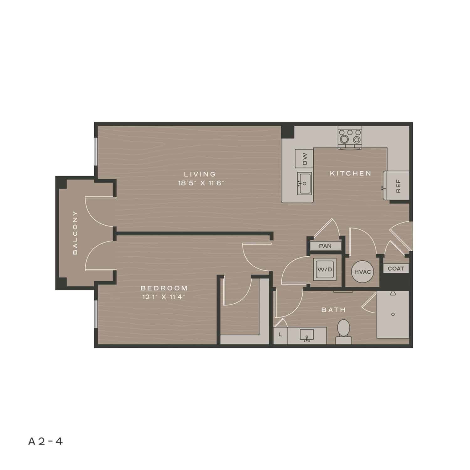 A 3D image of the A2-4 floorplan, a 806 squarefoot, 1 bed / 1 bath unit