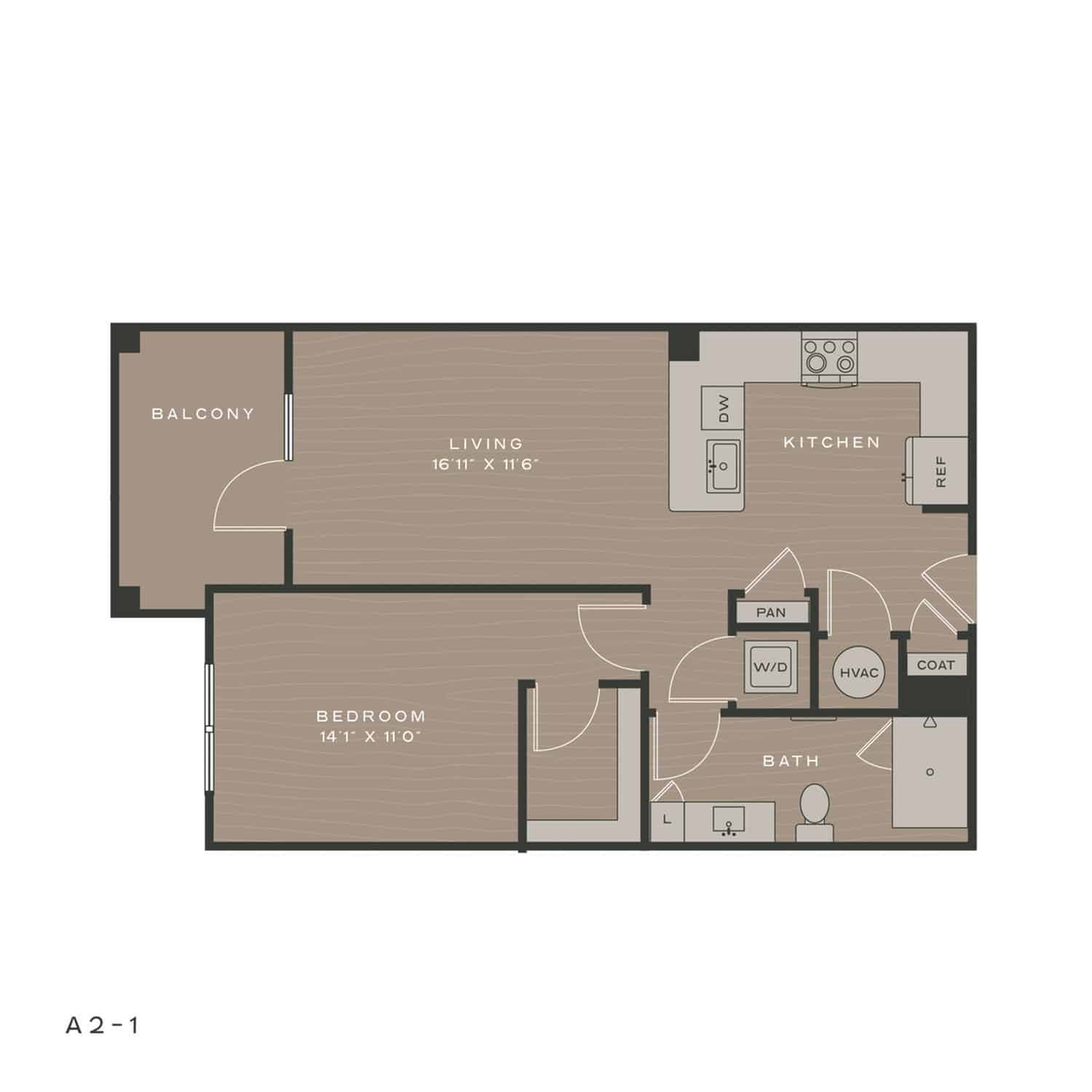 A 3D image of the A2-1 floorplan, a 785 squarefoot, 1 bed / 1 bath unit