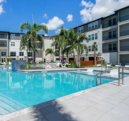 A large swimming pool in front of a building with palm trees.