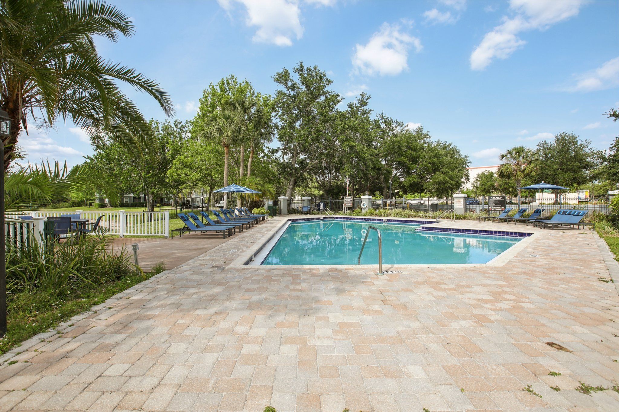 A serene pool area surrounded by trees and lounge chairs.