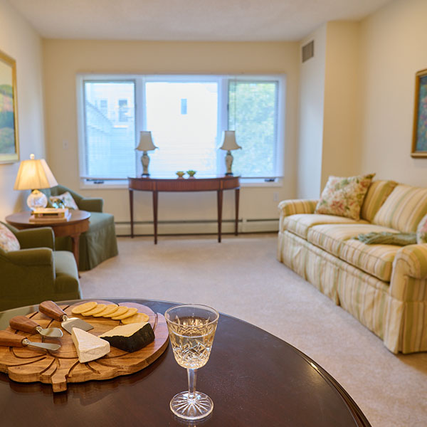 Interior of a Putnam apartment at Pomperaug Woods showing a furnished living area with seating, décor, and natural light, reflecting a comfortable independent living space.