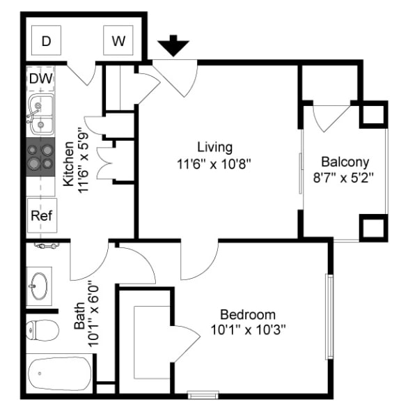 A black and white image of a floor plan for a home with a living room, balcony, kitchen, bathroom, and bedroom.