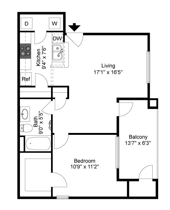 A floor plan of a small apartment with a living room, bedroom, and bathroom.