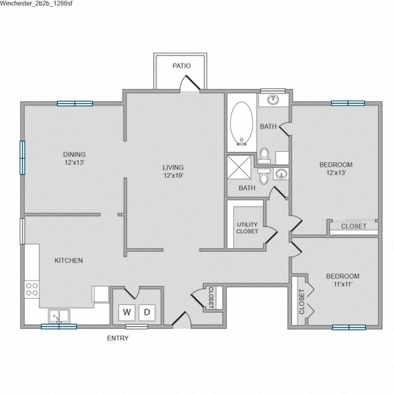 2 Bed 2 Bath, 1288 square feet floor plan Winchester