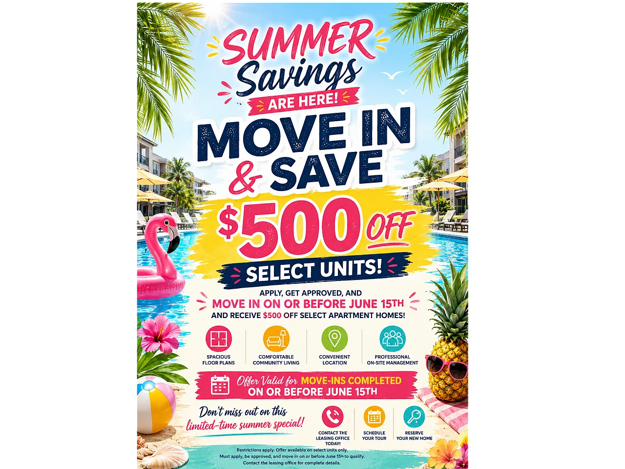 Vibrant summer-themed apartment promotion offering $500 off select units, featuring a poolside view with palm trees and a playful flamingo float. Includes details on spacious floor plans, community living, and on-site management, perfect for a convenient summer move-in.