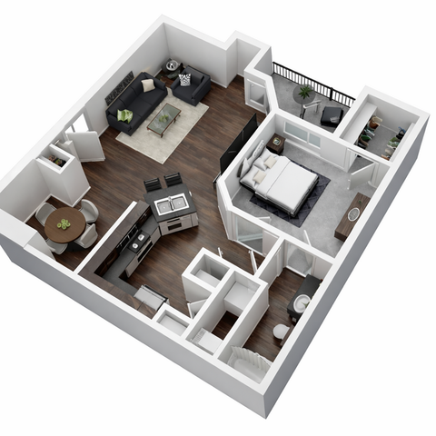 Chic 3D apartment floor plan showcasing a modern one-bedroom layout, open-concept kitchen and living area, and private balcony.