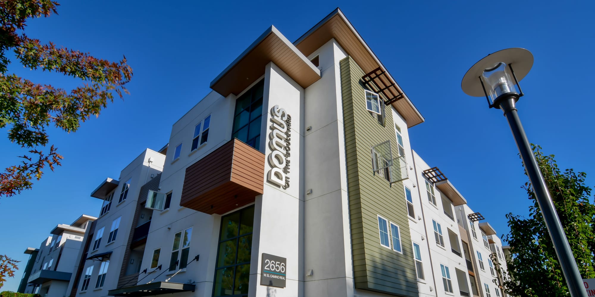 Apartment building exterior at Domus on the Boulevard in Mountain View, California