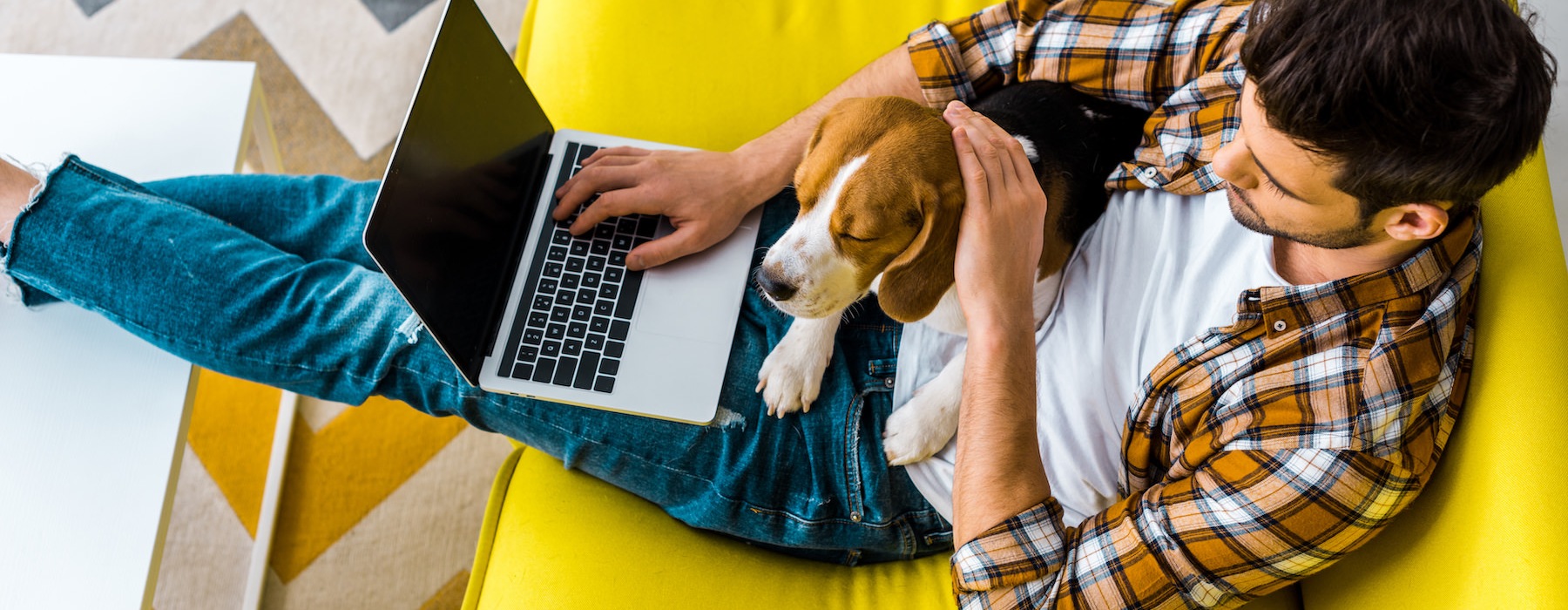 Resident with dog on computer.