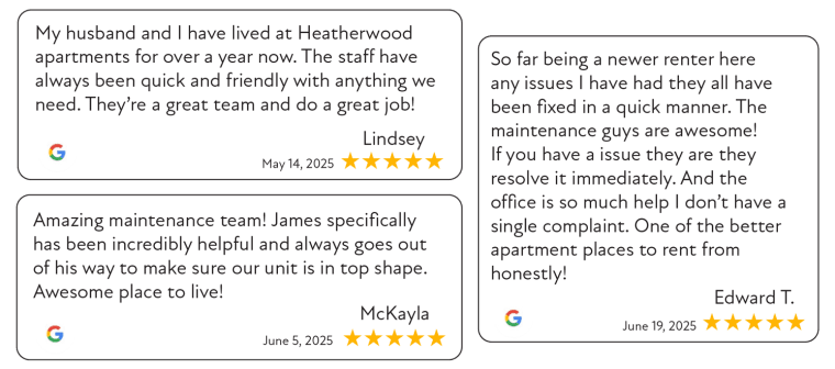 Three examples of five star google reviews at Heatherwood Terrace in Mansfield, Ohio