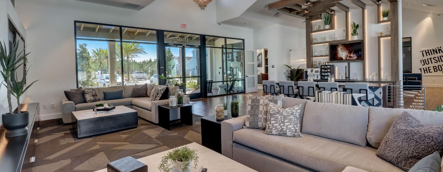 a living room with a large window