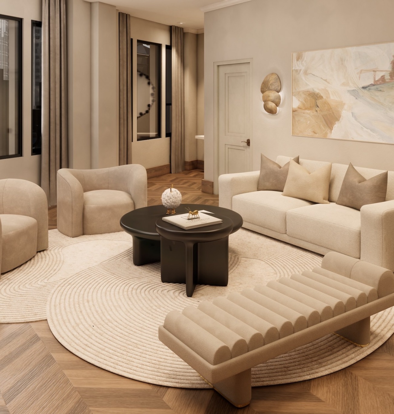 a living room with seating table art and windows