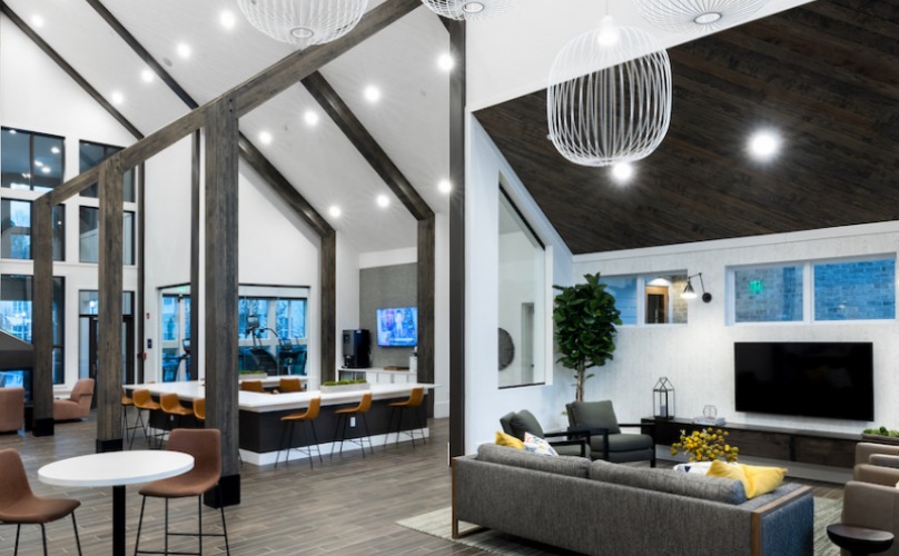 clubhouse with lounge seating and fireplace