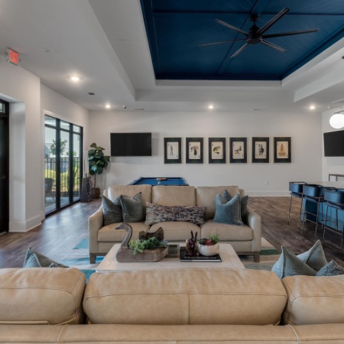Inviting resident clubhouse and lounge designed for relaxation, socializing, and community events.