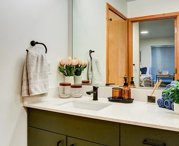 Elegant bathroom with a modern vanity, fresh decor, and natural lighting, creating a serene oasis.